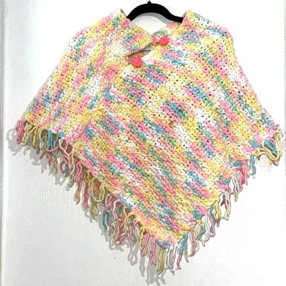 Crochet Buttoned Poncho With Fringe For Kids